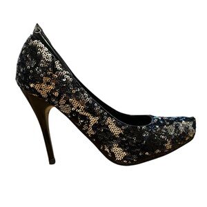 Ed Hardy Black & Silver Sequin Pumps – Iconic Geisha Tattoo Art Sole